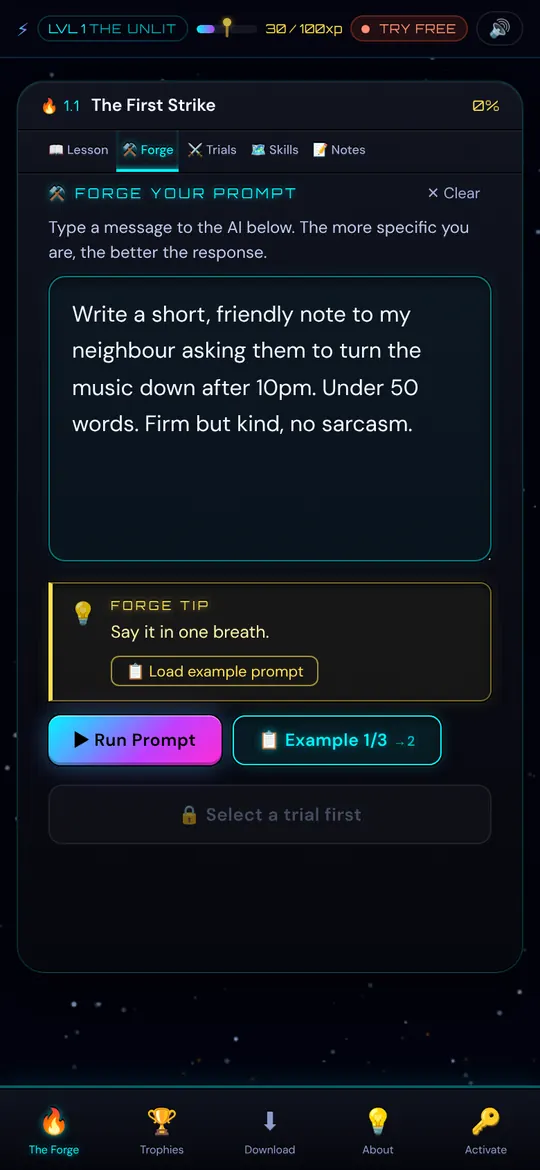 The Forge tab with a prompt typed in: a friendly, firm note asking a neighbour to turn the music down.