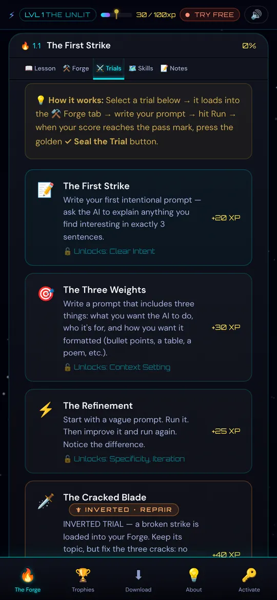The trials list, including an inverted repair trial called The Cracked Blade.