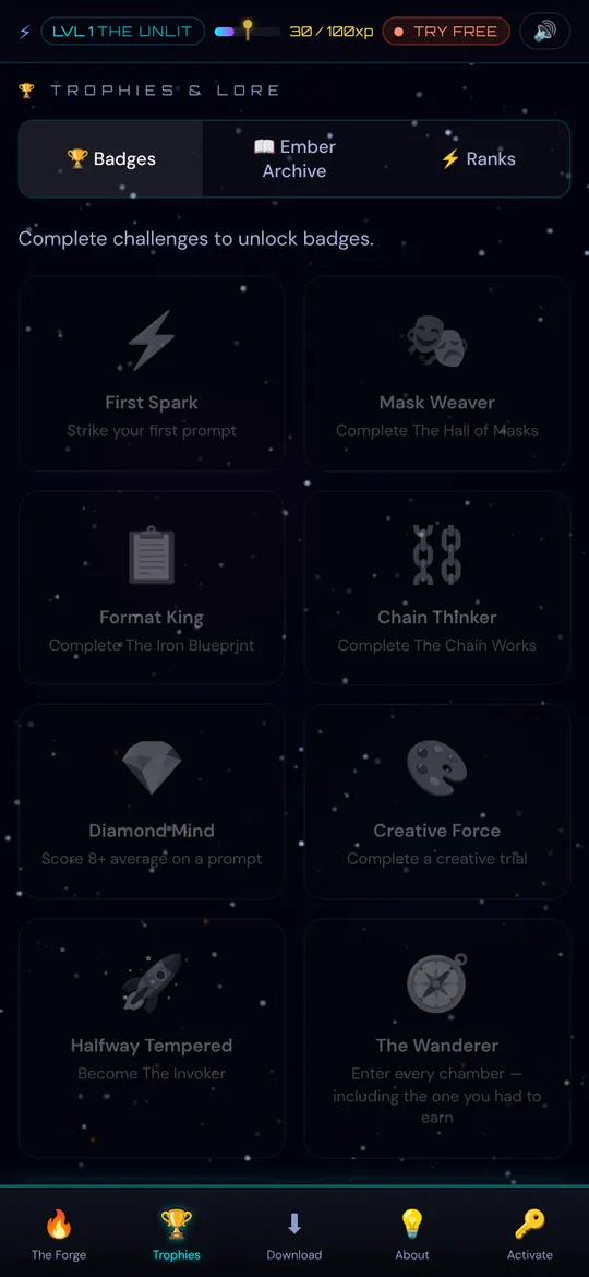 The trophies screen showing badges to unlock, such as First Spark and Format King.